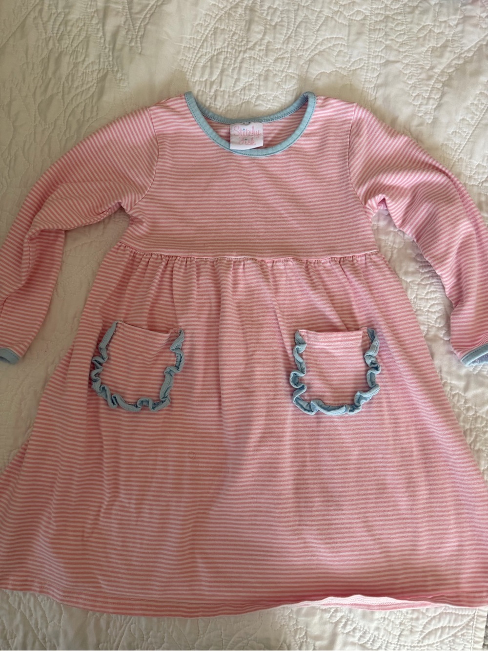 Stitchy Fish- Girls Pink & White Striped Ruffle Pocket Dress with Blue Trim